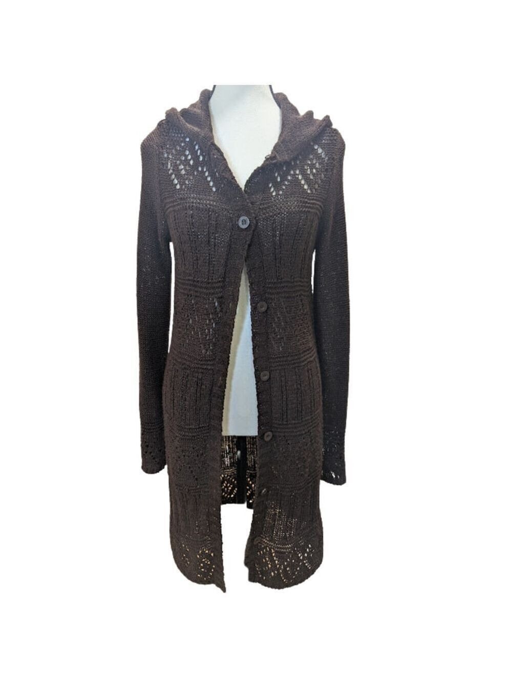 BCBG Max Azria Hooded Cardigan L Brown Open Knit Boho Duster Dark Academia Fairy